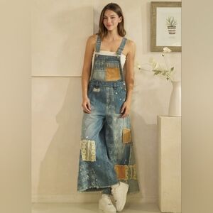 Oli & Hali Blue Denim Patchwork Wide-Leg Overalls
